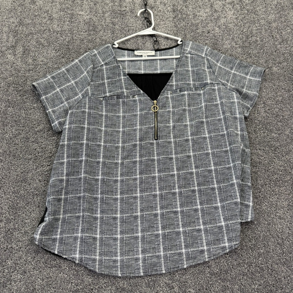 Tempted Hearts Blouse Womens 3X Black White Plaid Zipper V Neck Short Sleeve Top